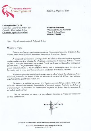 Copie courrier Préfet Belfort effectifs commissariat