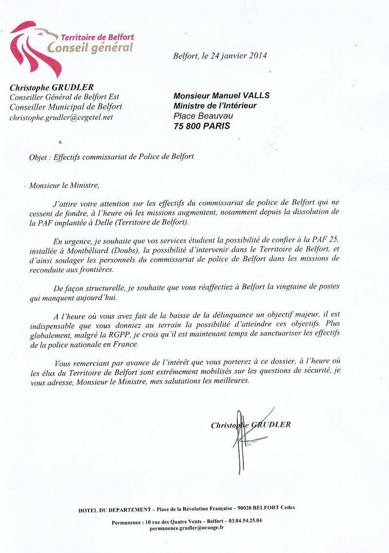 Copie courrier Manuel Valls effectifs commissariat Belfort